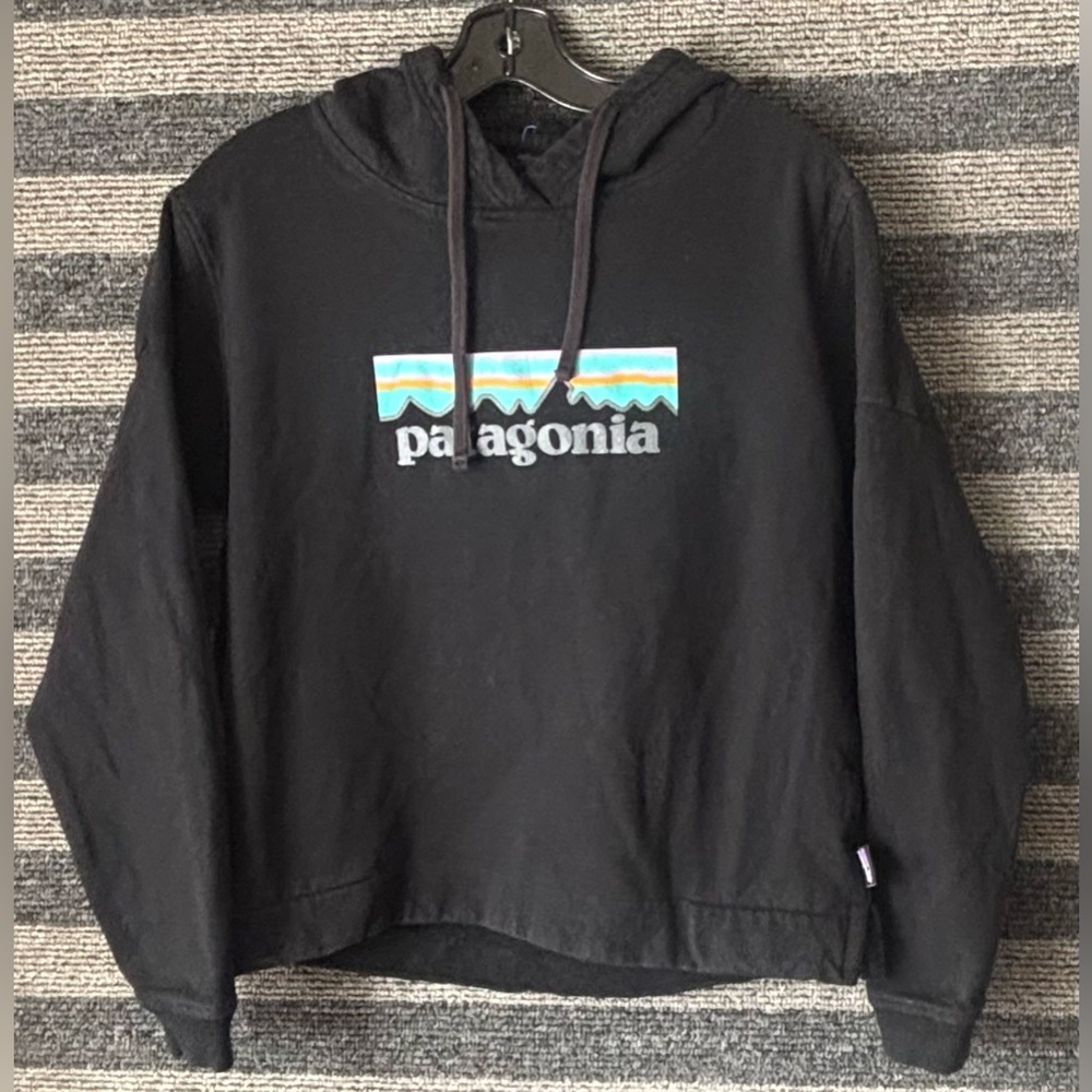 Patagonia Black Hoodie with Teal & Orange Logo
